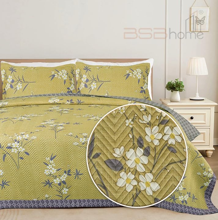 Image of Amazon Brand - Umi 100% Cotton Quilted /Ultrasonic 280 Tc Printed King Size Bed Cover /Bedsheet /Bedspread Comforter with 2 Pillow Shams /Cover, (Luxurious, 90 x100 inches, Yellow & Silver)