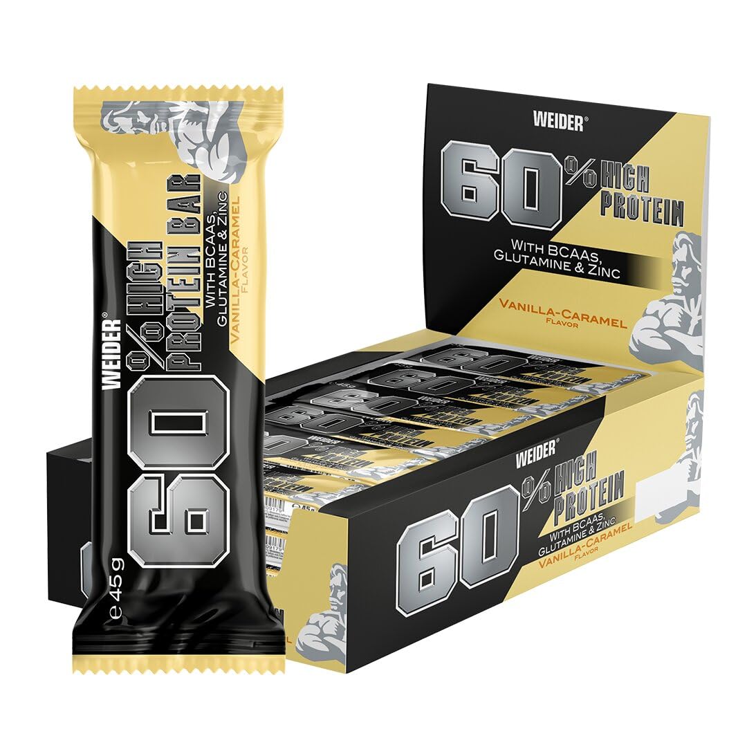 Weider 60% Proteinriegel - Hochproteinhaltiger Riegel mit 27g Protein, wenig Zucker, BCAAs & Zink - Ideal für Muskelwachstum - 24er Pack - Vanilla-Caramel
