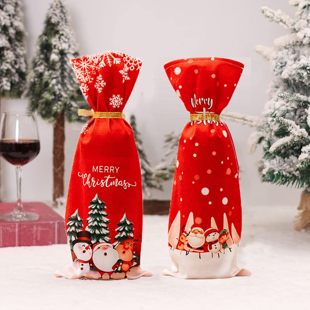 Yahpetes Merry Christmas Wine Bottle Dress - 2 Pcs Red Wine Bottle Cover Bags with Drawstring for Christmas Party Decorations