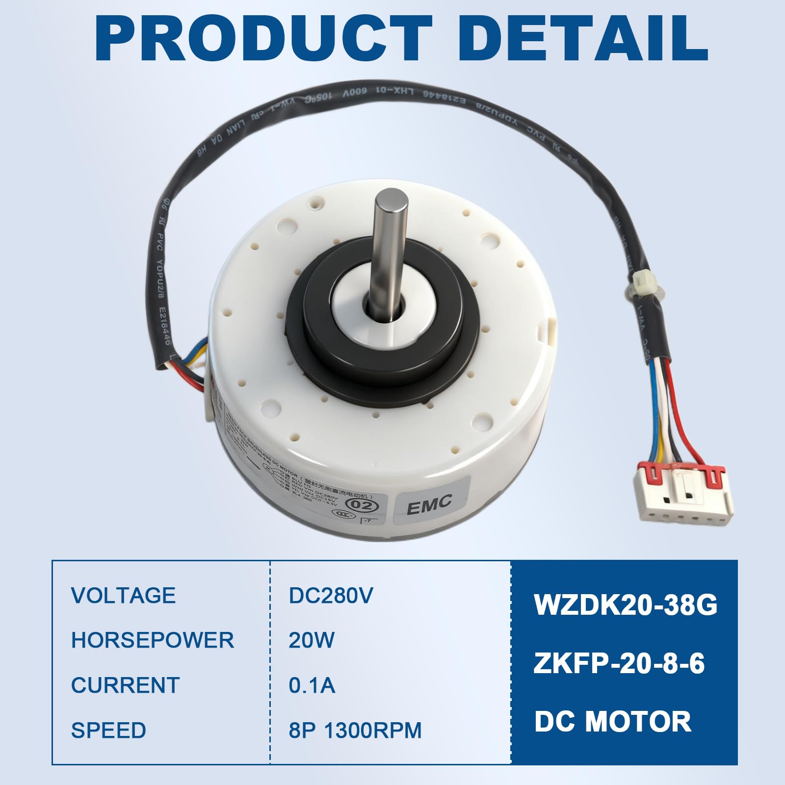 ZKFP-20-8-6 Motor de ventilador de aire acondicionado, OEM WZDK20-38G 20W inversor de aire acondicionado sin escobillas Motor CC para aire acondicionado central, CCW 1300rpm DC 280V 0.10A