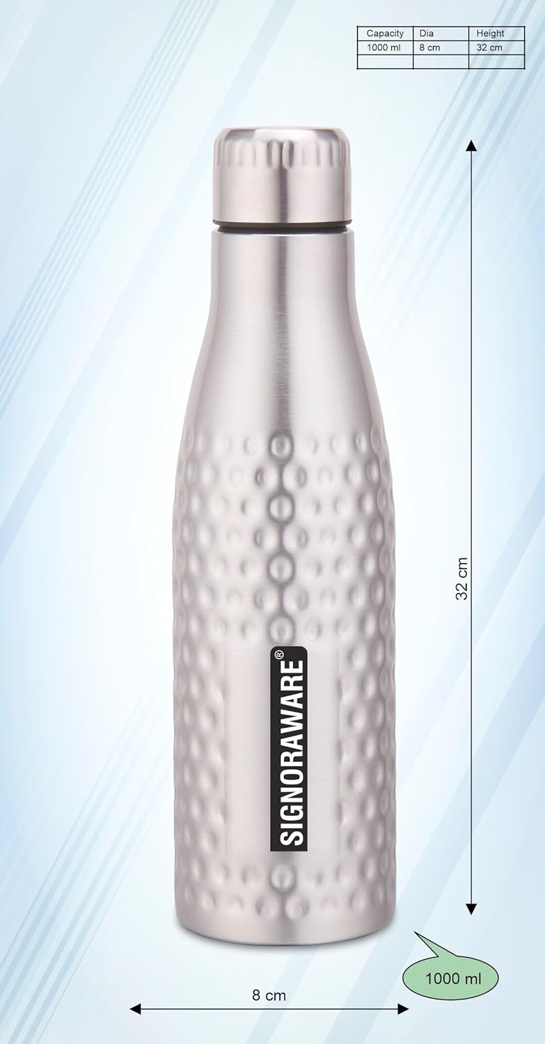 Signoraware Aace Hammered Single Walled Stainless Steel Fridge Water Bottle, 1000ml, Silver, Set of 1