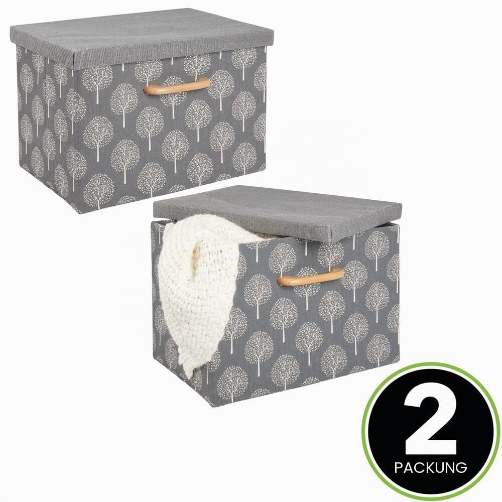 mDesign 2er-Set Aufbewahrungsbox – weich strukturierte Stapelbox mit Deckel und Holzgriff – stabile Faltbox mit Baummotiv aus Polyester für Bad, Schlafzimmer oder Kinderzimmer – grau