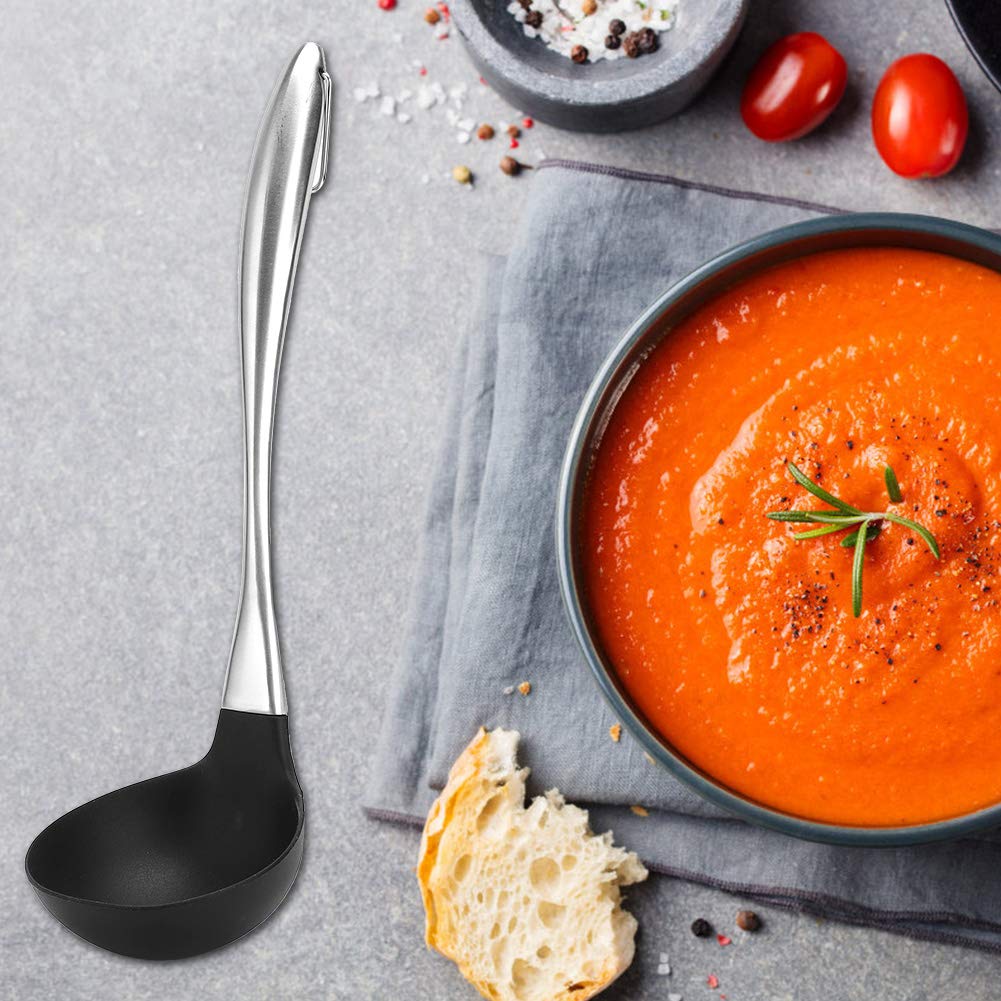 Sunicon Stainless Steel Cooking Utensil, Stainless Steel Handle Silicone Cooking Spoon Scoop Soup Ladle Kitchenware Kitchen Tool Metal Kitchen Accessories Easy to Clean
