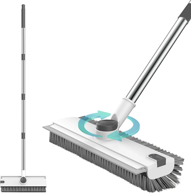 Floor Scrub Brush with 54in Adjustable Long Handle, Grey&White | 3 in 1 Floor Scrub Brush with Scraper and Stiff Bristle, Heavy Duty Floor Scrubber for Shower Bathroom Kitchen Patio Garage