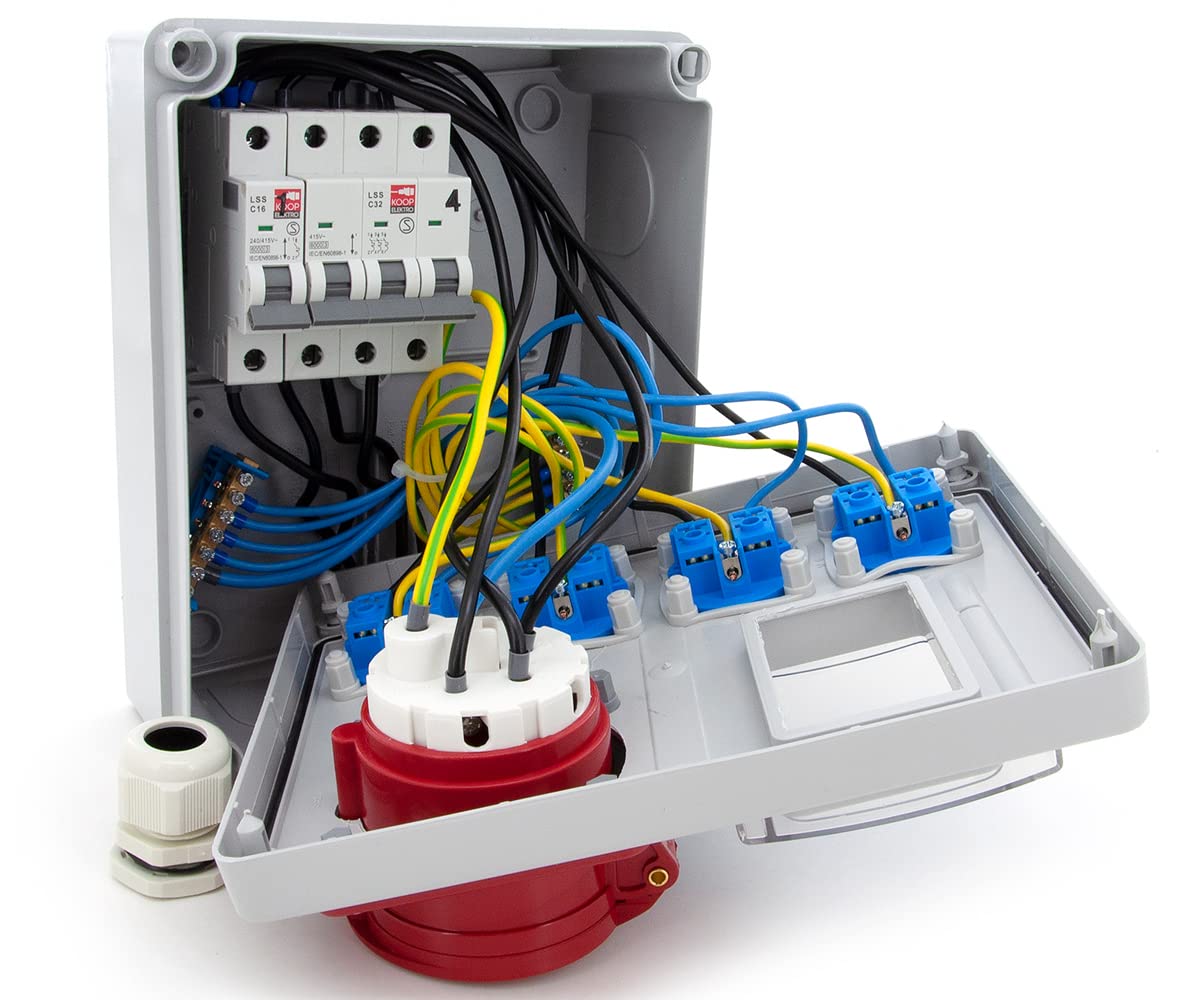 ELS Elektrotechnika Distribuidor de corriente de construcción, distribuidor de pared, caja vacía, enchufe Schuko 4 x 230 V + LS C16 y 1 x CEE 32 A + LS C32 cableado, listo para conectar, taller,