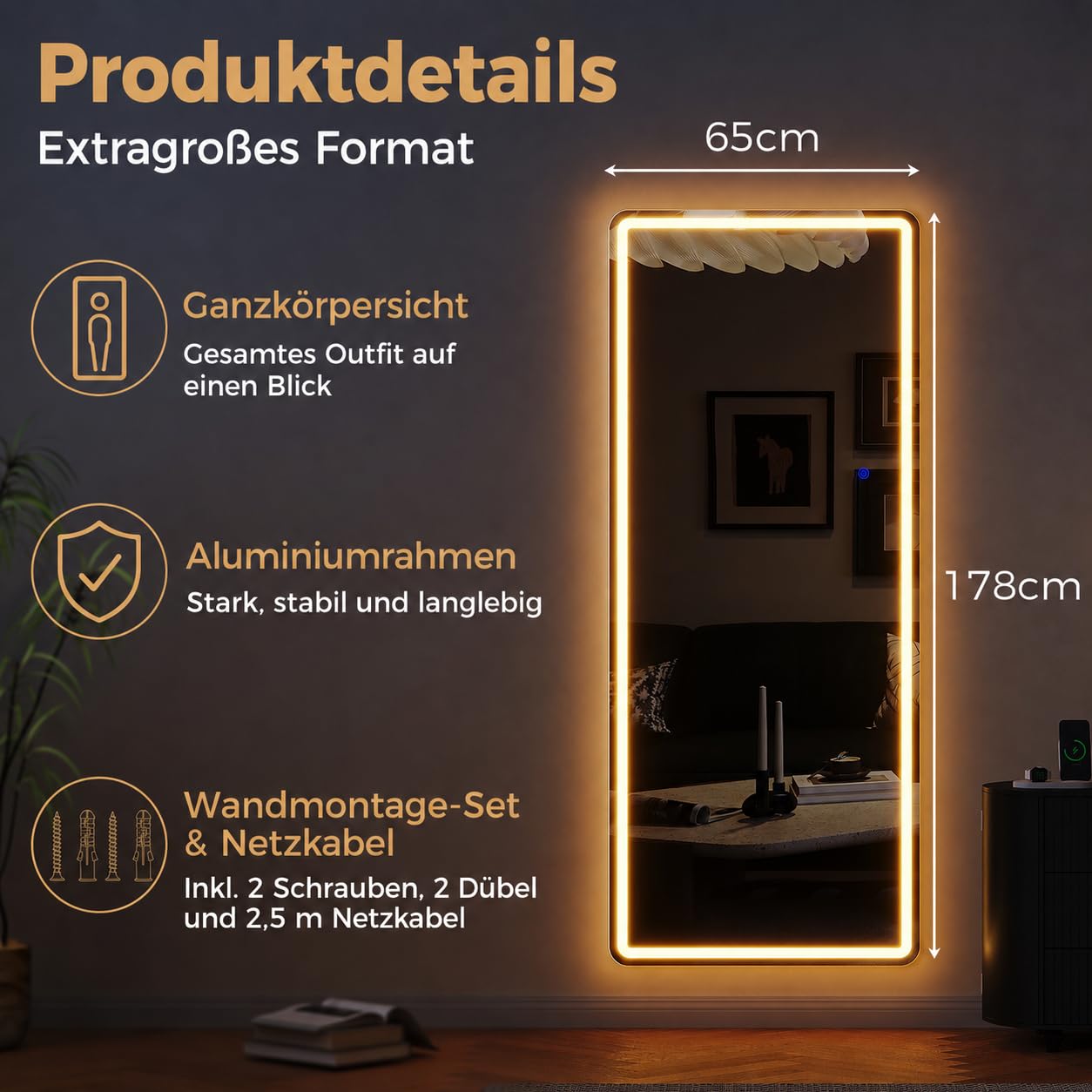 ZKIODV 178x65cm Ganzkörperspiegel mit Beleuchtung, Wandspiegel Groß mit Licht, Standspiegel mit LED 3 Farben & Dimmbar, Großer Spiegel Beleuchtet mit Ständer für Wohnzimmer Eingang Flur (Weiß XXL)