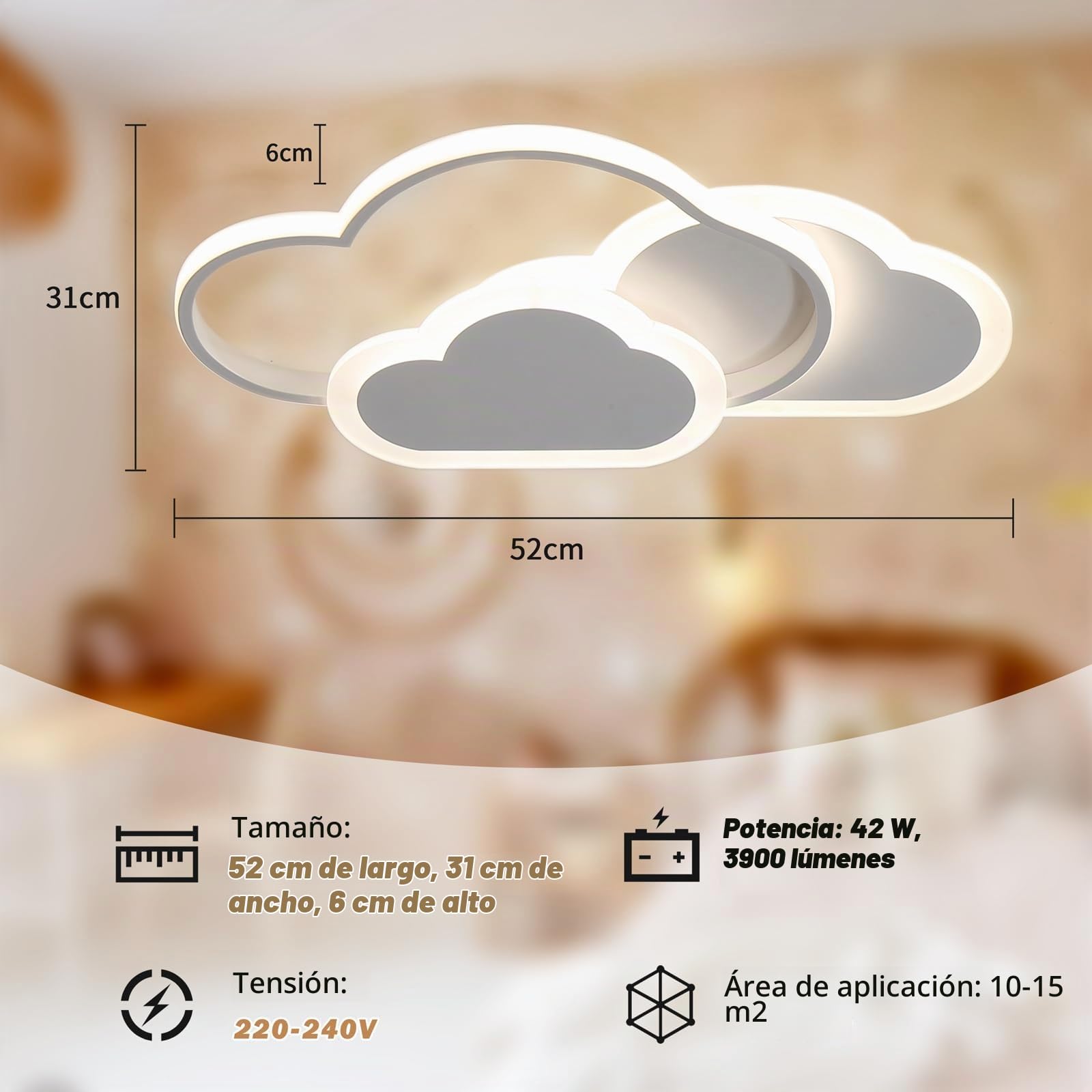 Lampara Infantil Techo,32W Lampara Techo LED Infantil Dormitorio Nube Creativa 3000K-6000K Regulable con Control Remoto, Plafón LED Techo de 42CM para Cuarto de Niños Dormitorio Sala de Estar