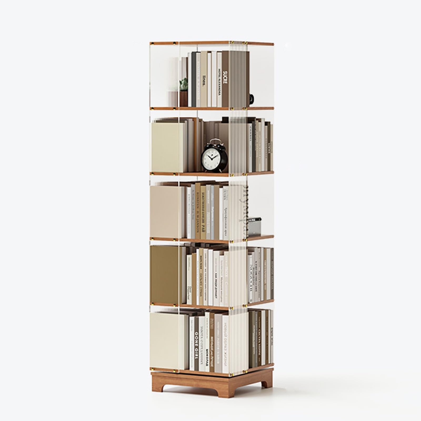 ZFPKXHVMG Open Storage Shelf, 360 Degree Rotating Bookshelf 5-6 Layers Acrylic Solid Wood Floor Standing Organizer(Five layers - cherry wood color)