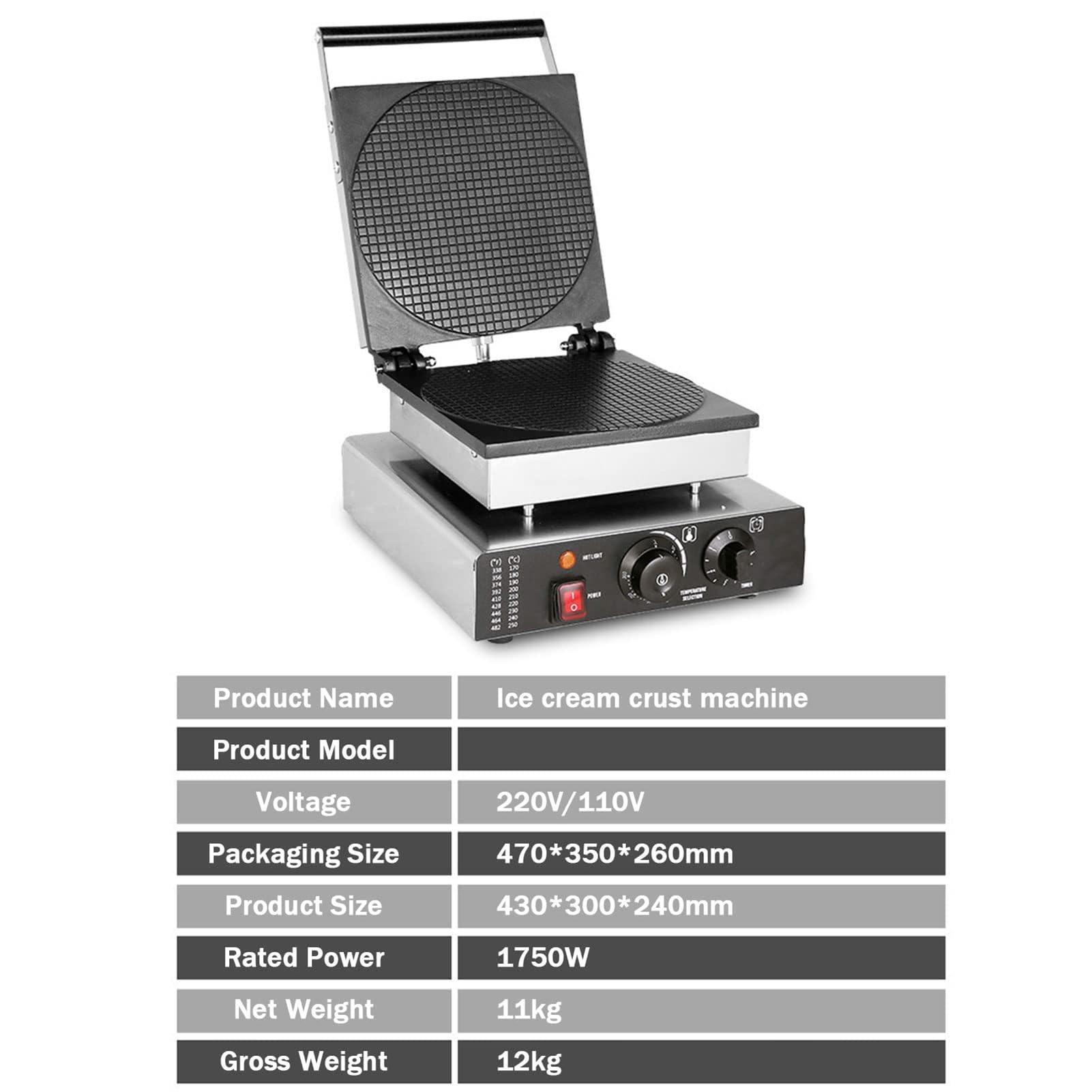 1750w Electric Waffle Cone Maker, Commercial Waffle Cone Maker Per Coni Di Gelato Fatti In Casa Fai Da Te, 50-300 ℃ Temperatura Regolabile E Temporizzazione, Egg Roll Machine Per Il Negozio Di Dolci