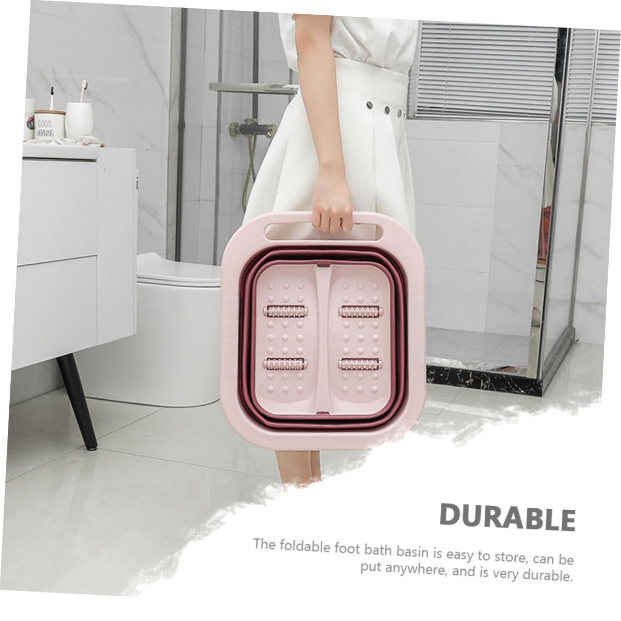 Cubo para Baño de Pies Plegable Grande Rodillos PP Rosa | Cubo para Remojar Pies, Baño de Pies Masaje Automático, Fácil de Guardar, para Familia y Viajes