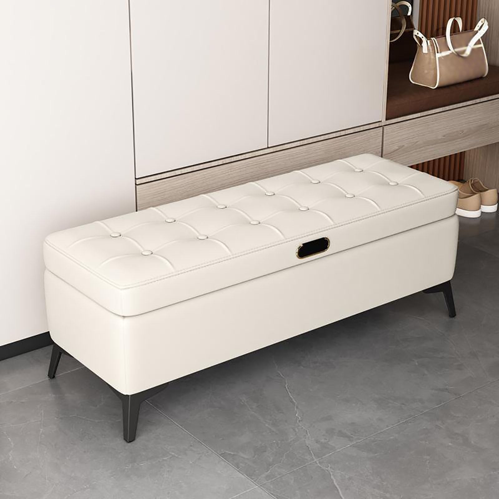 MSHGSKU Modern Upholstered Storage Bench for Bedroom & Hallway Stylish Faux Leather Ottoman Wood Frame Shoe Rack End of Bed Foot Rest (150x40x40CM Beige)