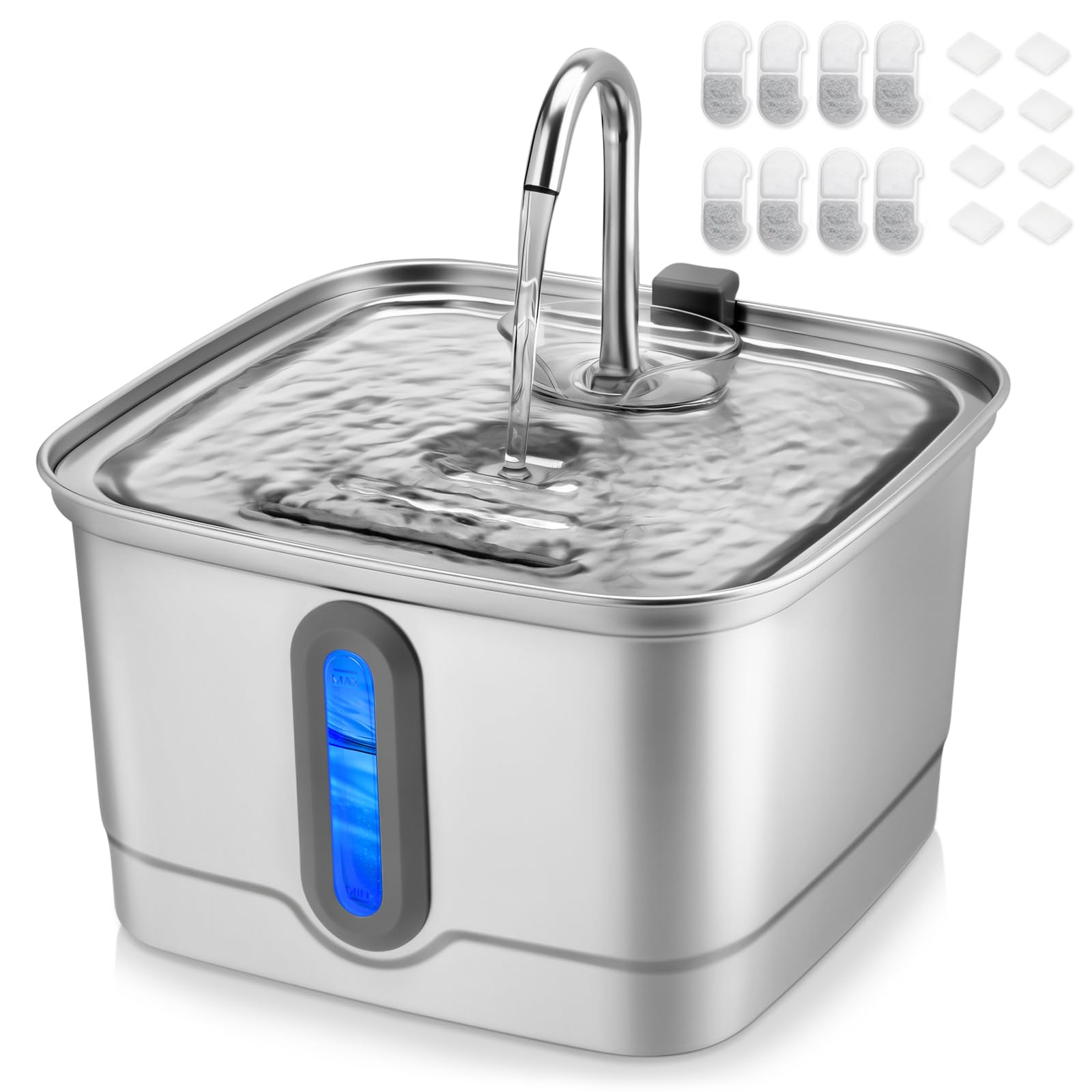 Stainless Steel Cat Water Fountain, 101oz/3L Automatic Pet Water Fountain, Dog Water Fountain with Replacement Filters for Cats, Small Dogs (8 Filters and 8 Sponges)