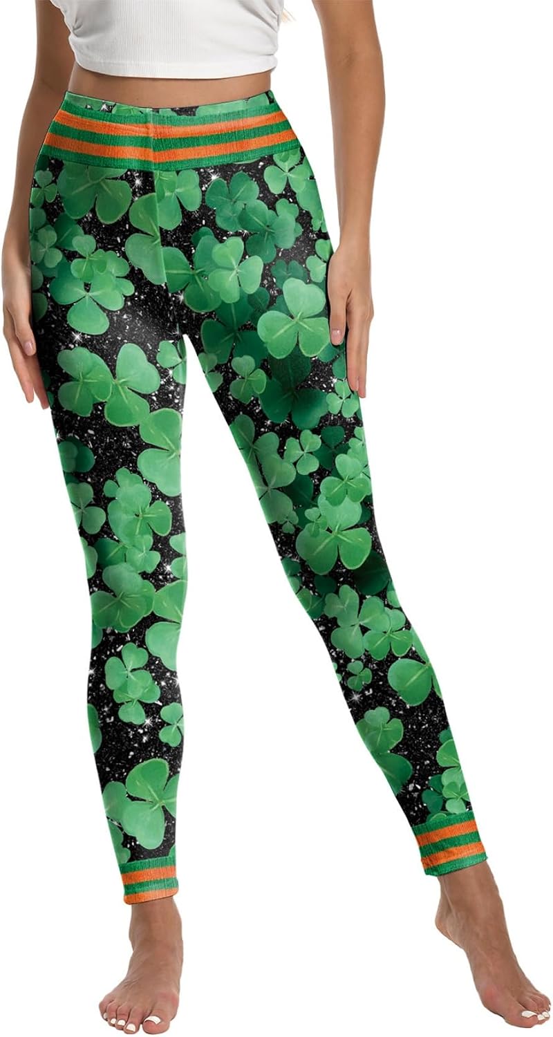 Women's St Patricks Day Leggings Shamrock Print Lucky Clover Tights Pants Outfits HIGT Waist