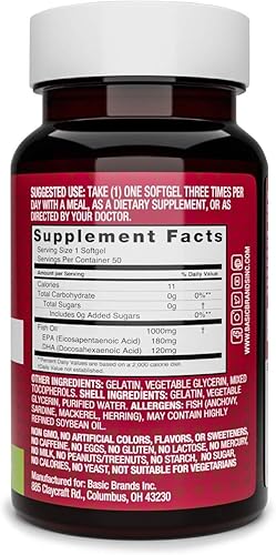 Miniatura 6 de Basic Brands Smart Heart Omega-3 Aceite de pescado, 1000 mg, 50 unidades