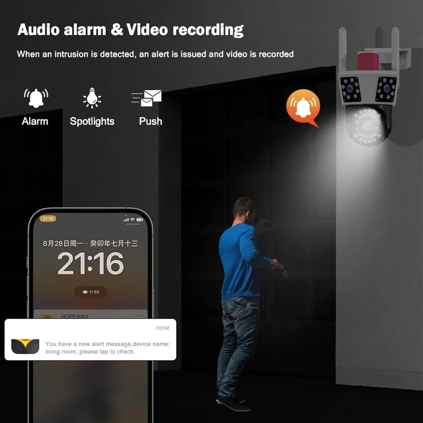 Kamera bezpieczeństwa, Zewnętrzna wodoodporna kamera IP HD PTZ 8X Zoom Trzy obiektywy ekrany Kamera wideo CCTV Ochrona bezpieczeństwa(12MP No Card)