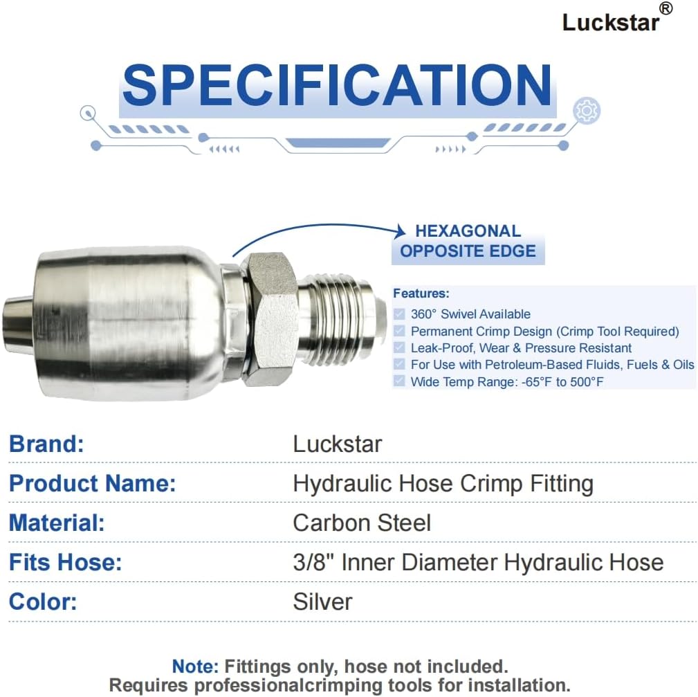 Luckstar 12-Pack Hydraulic Hose Fitting, 3/8" Hose x 3/8" JIC 37° Male, High-Strength Carbon Steel Crimp Fitting for Industrial Hydraulic Systems