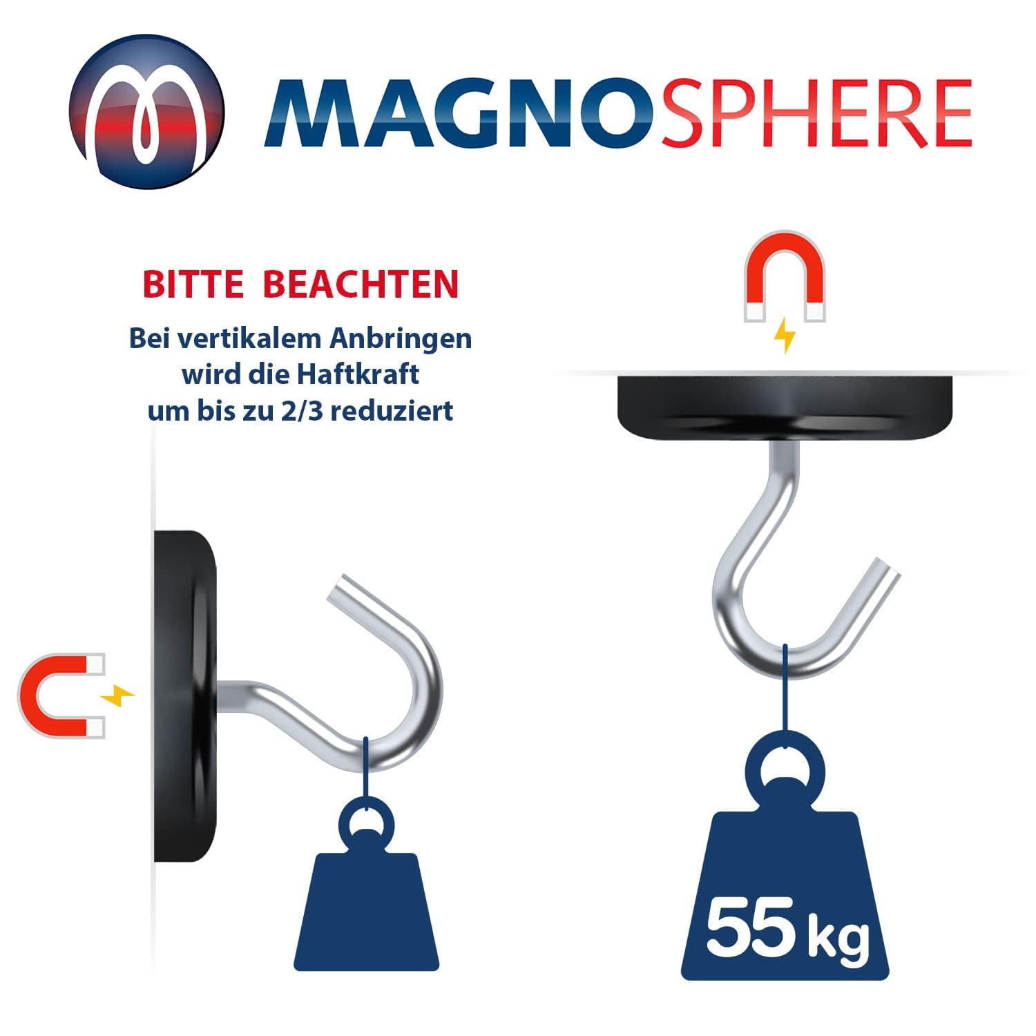 2 x Neodym Magnet-System gummiert Ø 88 mm Gewinde-Zapfen (Außen-Gewinde) M8 - Haftkraft 55 kg - 2 Stück - Starke Magnete mit Gummi-Mantel - Anti-Rutsch Beschichtung