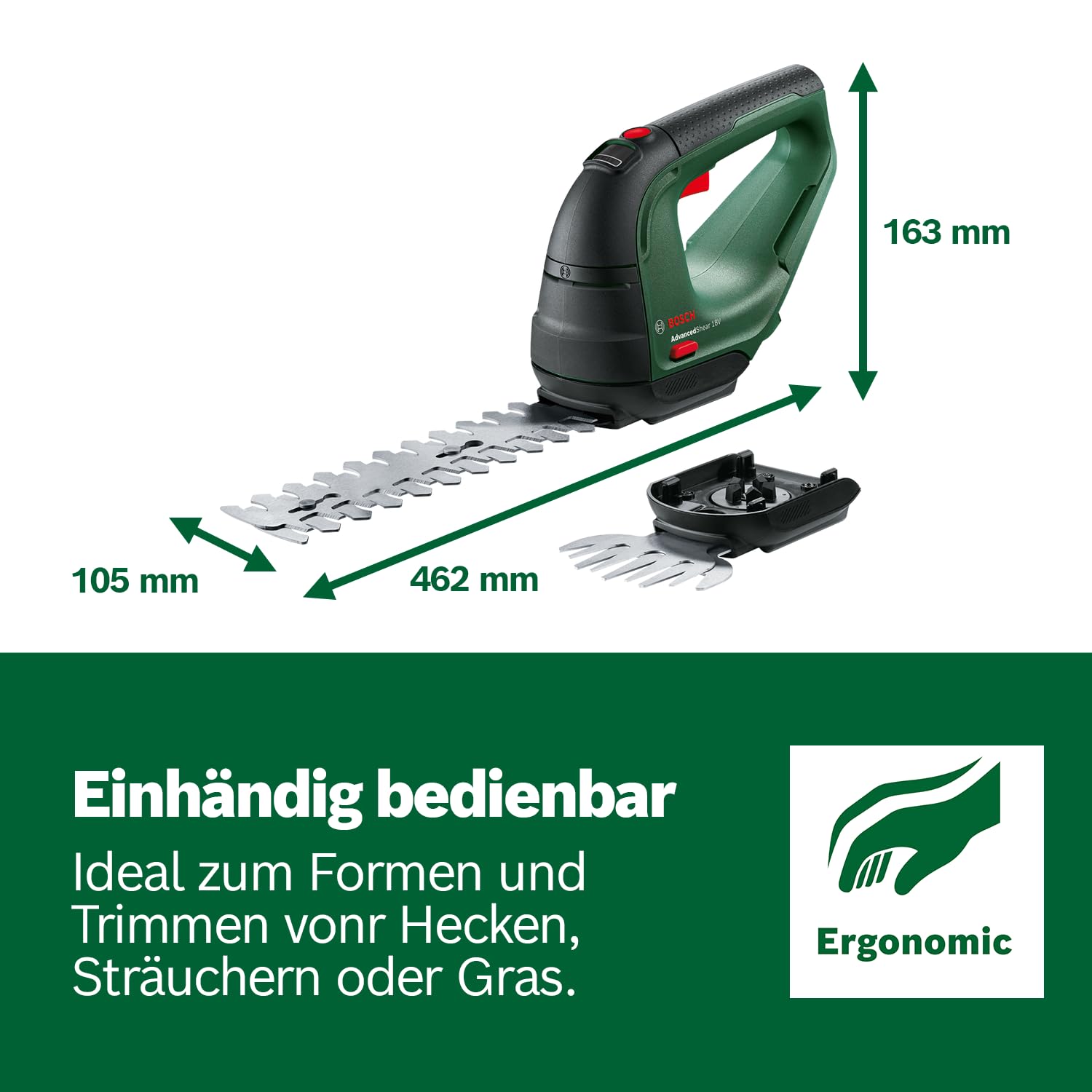 Bosch Akku Grasschere AdvancedShear 18V-10 (1 Akku 2,0 Ah, 18-Volt-System, schneidet bis zu 85 m² pro Akkuladung, mit Strauch- und Grasscherenmesser, im Karton)