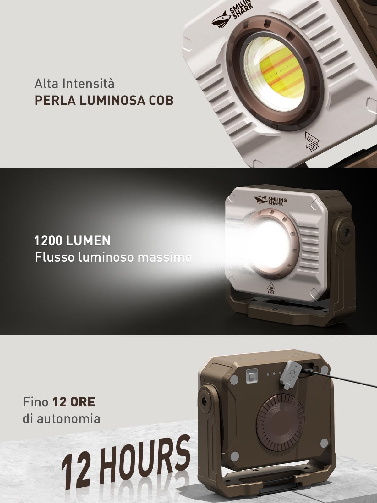 Smiling Shark Luci da Lavoro, LED Lampada Officina 5000mAh Ricaricabile 3 Modalità Luce Dimmerabile con Modalità Stroboscopica Magnetica Portatile Luce Ispezione per Campeggio Riparazione Garage