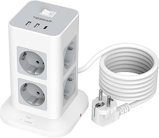 TESSAN 8 Fach Mehrfachsteckdose mit USB C, Verlängerungskabel 2M, Grau | Verteilersteckdose mit 3 USB, Steckdosenleiste Überspannungsschutz, Mehrfachstecker 3600W, Steckerleiste für Zuhause