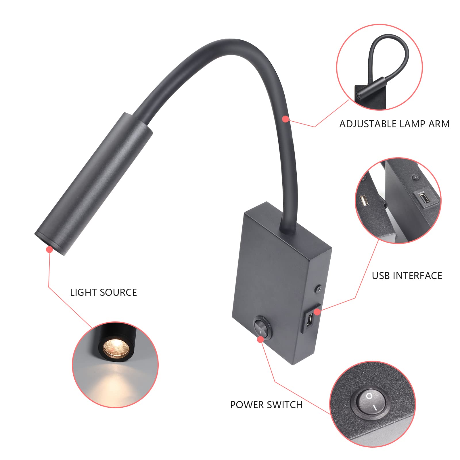 Led-leeslamp, wandlamp, leeslamp op bed, verstelbare wandlamp voor op bed, met USB-oplaadpoort en schakelaar, wandlampen voor de hal (warm licht 3 W warm licht 9 W) (wit, 2 stuks