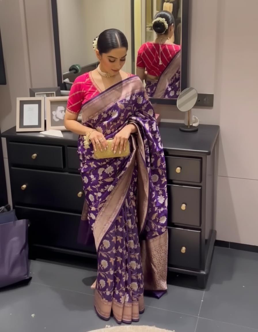 Vivatra Elegant Handloom Cotton Saree with Motif Design ? Lightweight & Soft Fabric Special Occassion (Pink_Violet) 2