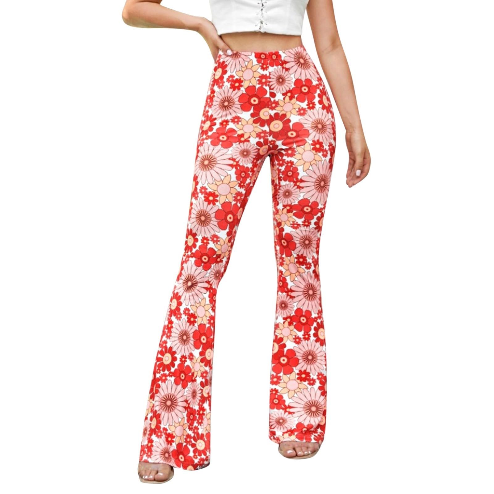 70S Flare Pants for Women Floral Print Flared Trousers Fancy Dress Costume Adult Rave Festival Outfits Wide Leg Leggings High Waist Hippie Bell Bottom Disco Costume Yoga Trousers
