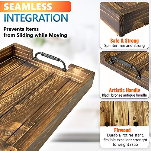 Ottoman Wooden Serving Decorative Large Rustic Tray, Black Sleek Metal Handles. Great for Kitchen, Coffee Table, Dinning Centerpiece, Breakfast in Bed, Bathtub Accessory, Farmhouse Home Décor (Brown) - Thumbnail 7