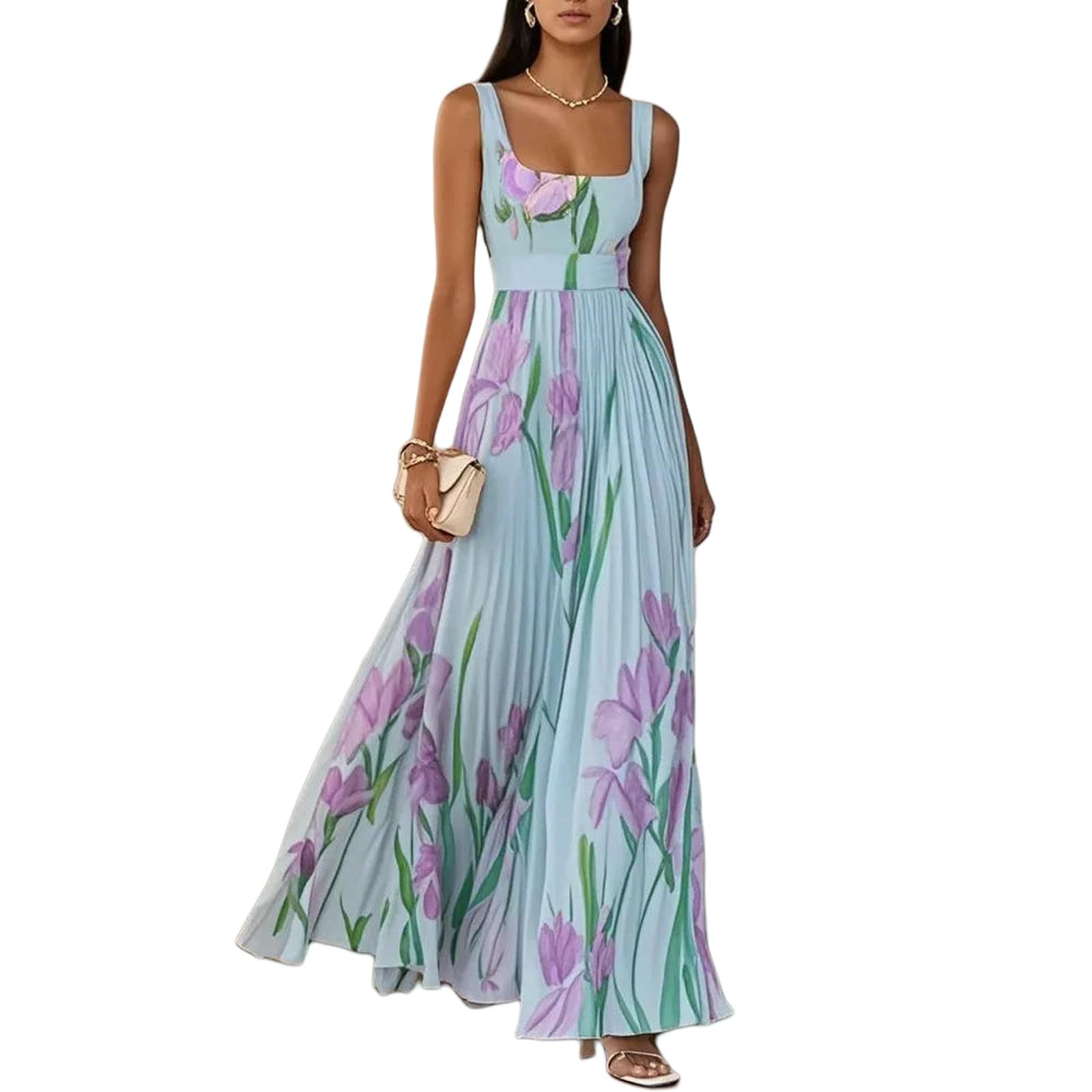 Abito Donna Invernale Estivo da con Spalline Senza Maniche Lungo Elegante A Pieghe Stampa Floreale Festa Vita Alta Colletto Quadrato Primaverile-Blu-l