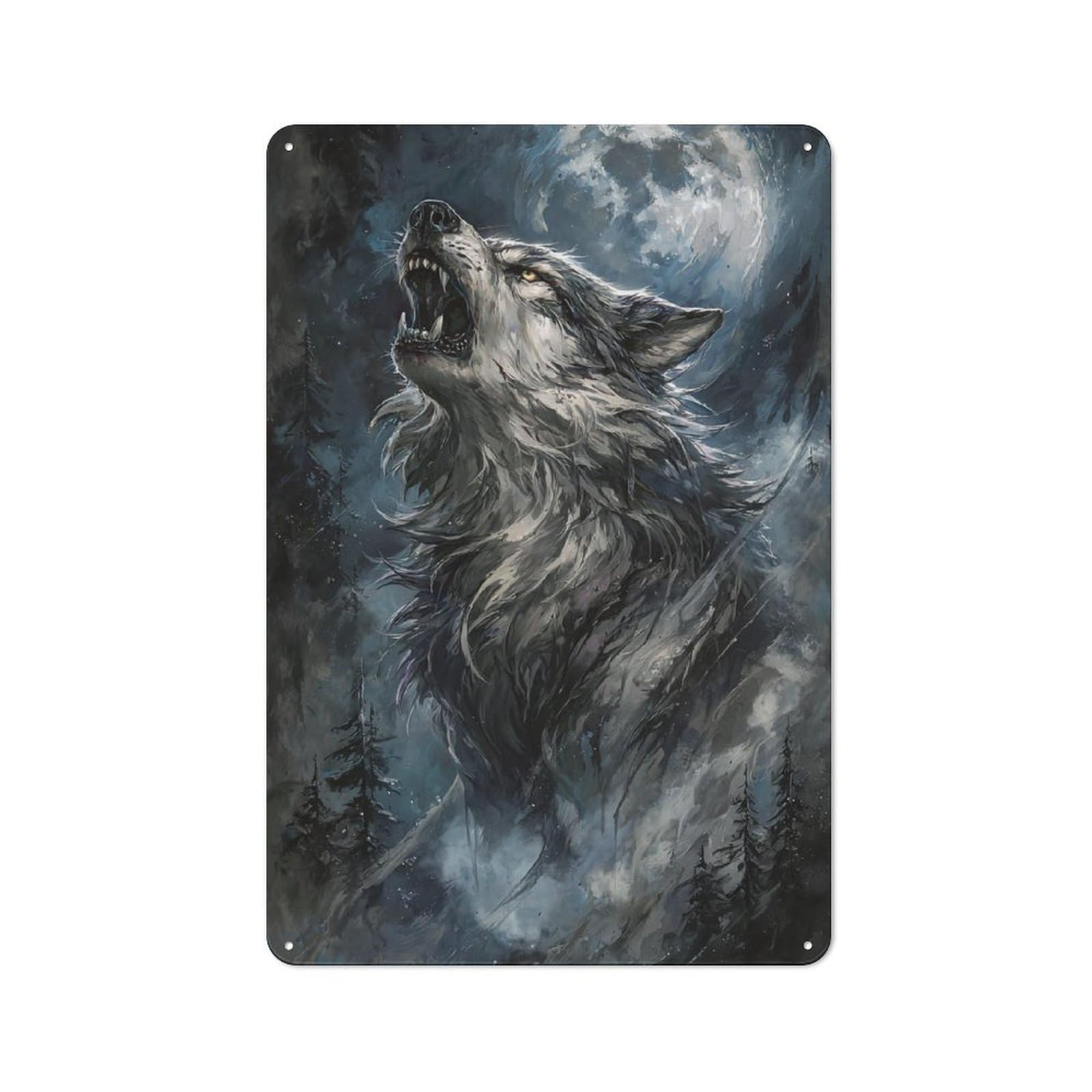 Junmoney Wolf's Moonlit Howl For Guest Room Or Hallway, Retro-Style Tin Sign 30X20cm, For Vintage Wall Decor Fans, For Themed Room Decoration