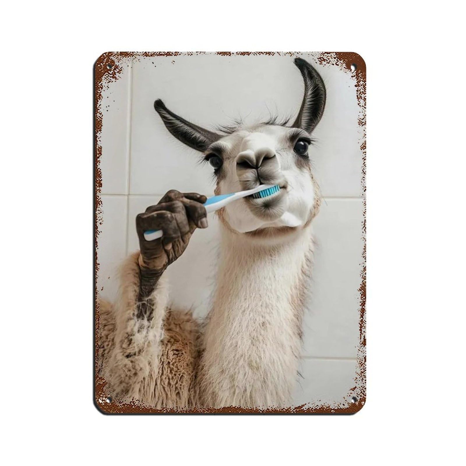 Llama Brushing Teeth, Funny Bathroom Art Tin Sign Vintage Metal Pub Club Cafe Bar Home Wall Art Decoration Poster Retro 12x16inch(30x40cm)