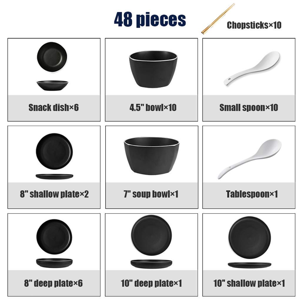 Keramik-Geschirrsets, 48-teiliges Porzellan-Geschirr-Kombinationsset | Schwarze Matte Steakteller und Müslischalen-Sets für besondere Restaurants