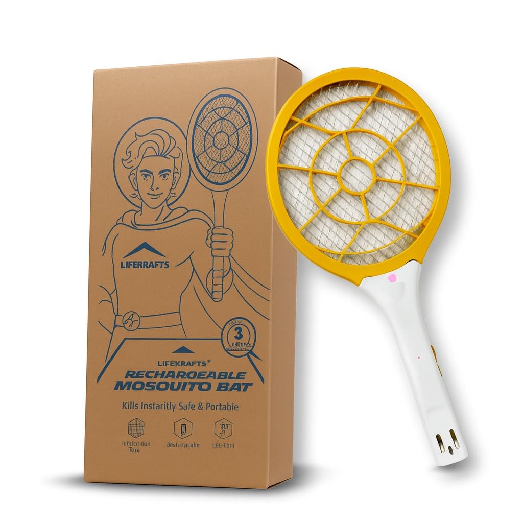 LifeKrafts Electric Mosquito Bat | Rechargeable 400mAh Insect Killer Racket with LED Light | 3-Layer Safety Mesh | Plug-in Charging Type | for Home & Outdoor Use (Yellow)-image-31