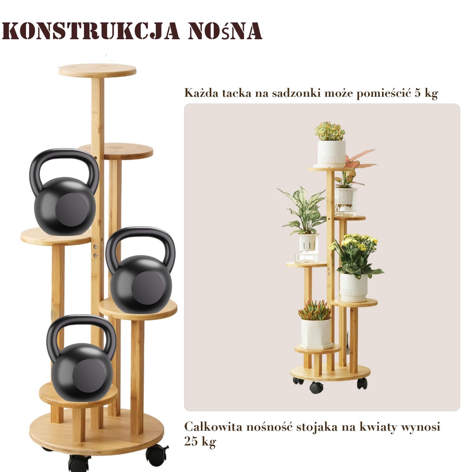 Stojak na kwiaty z bambusa, z rolkami, 5 poziomów, stojak na rośliny, 90 cm, regał narożny z drewna, regał na rośliny, do użytku na zewnątrz, podwozie Ø 33 cm (kolor drewna)