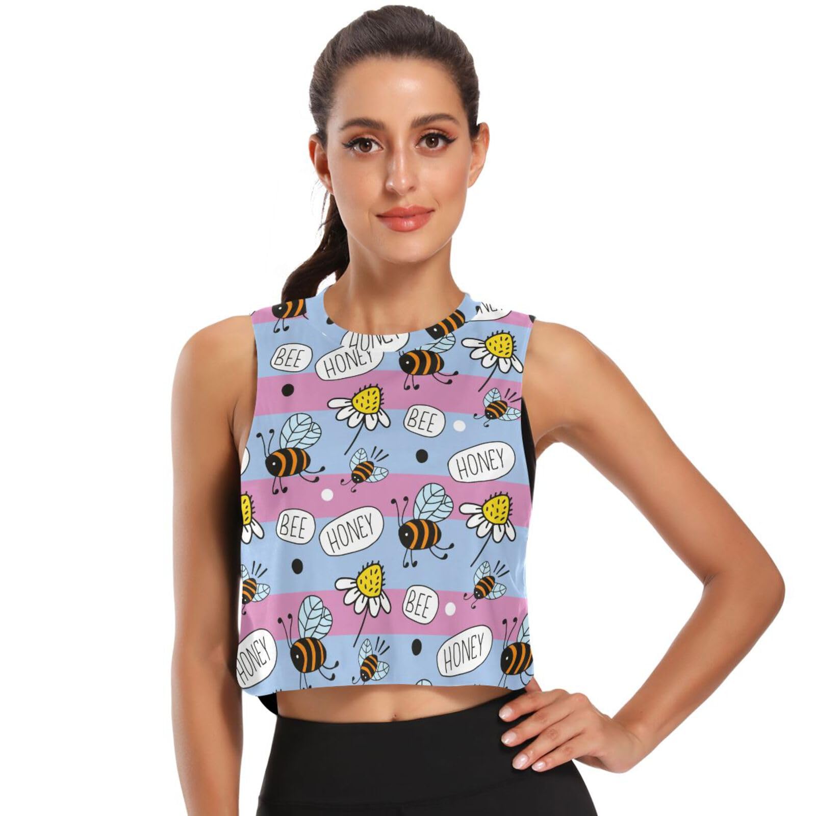 KLL Bbees Happy Good Luck and Daisies Striped Tank Tops for Women, Sleeveless Yoga Shirts for Gym, Running, Running