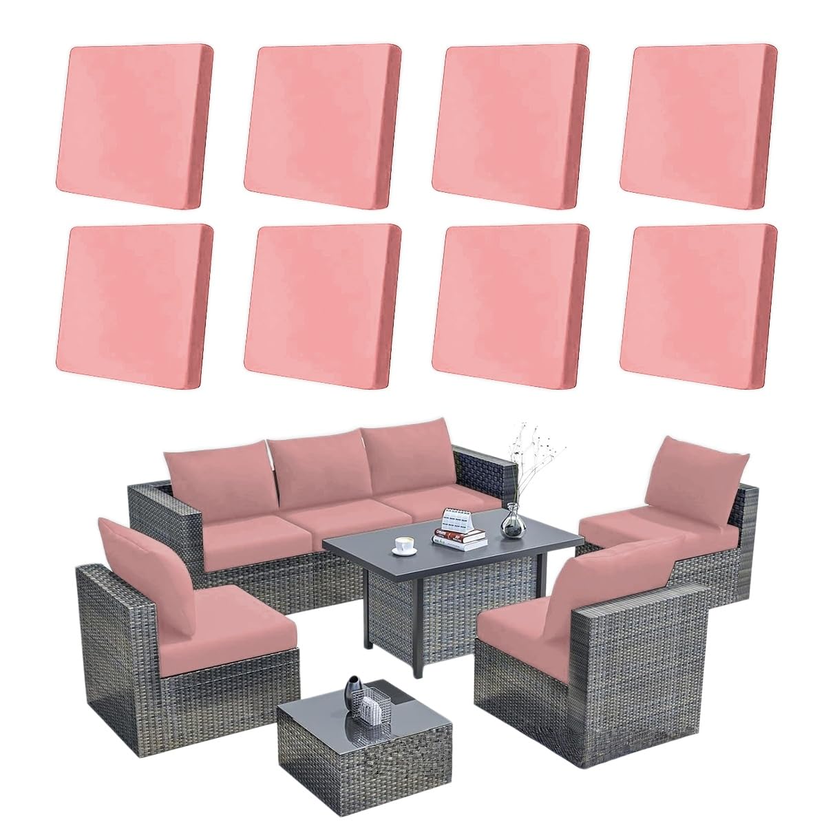 Hiseng 8/12/14 PCS Outdoor Cushion Covers Stretch Patio Cushion Covers Replacement Slipcovers Washable for Outdoor Sofa Cushions, Garden Furniture Set, Rattan Corner Sofa (Light Pink,8 PCS)