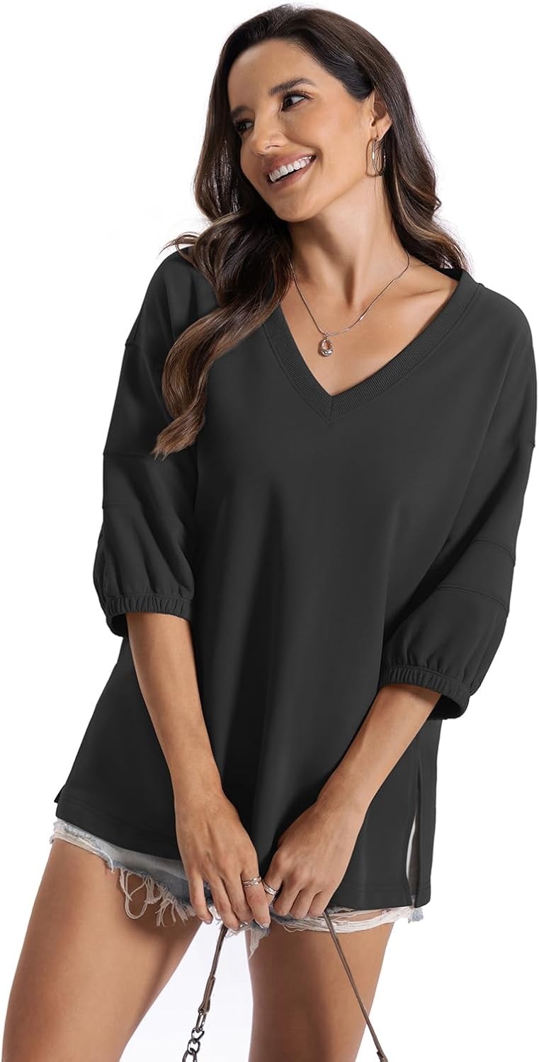 Womens Cotton V Neck Sweatshirt 3/4 Sleeve Slouchy Fit Tops Trendy Slit Shirt Casual Fall Lightweight Outfits - Image 4