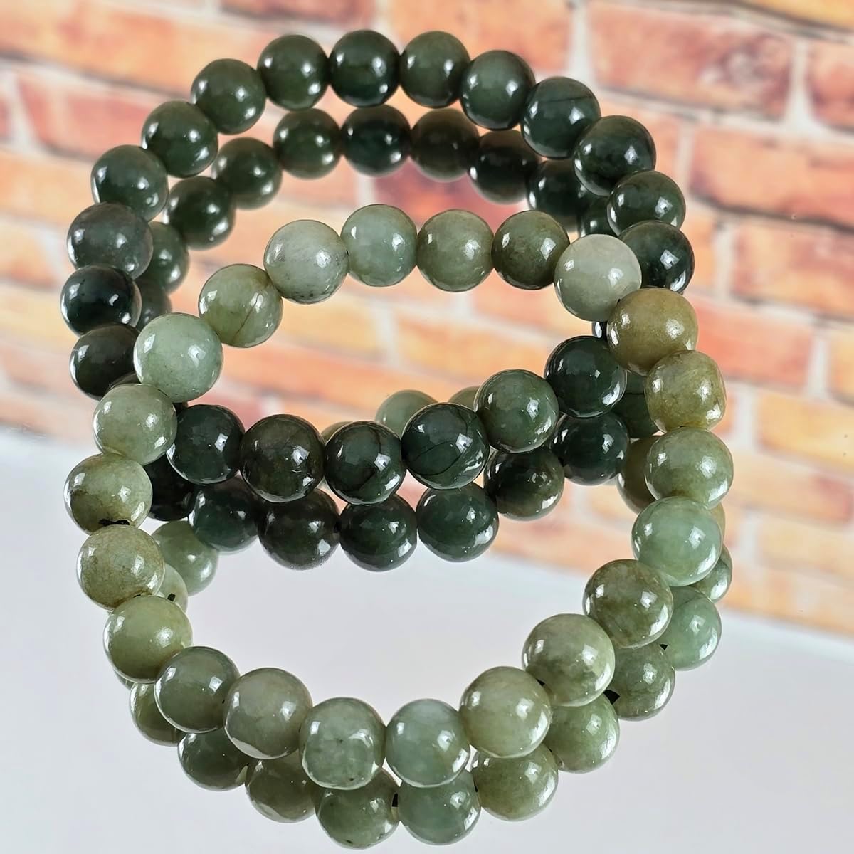 Dark Green and Green Jade Beaded Stretch Bracelet, Natural Jadeite, 9.50-10.00 mm Beads, Feng Shui Healing Crystal, Unisex, with Red Satin Pouch