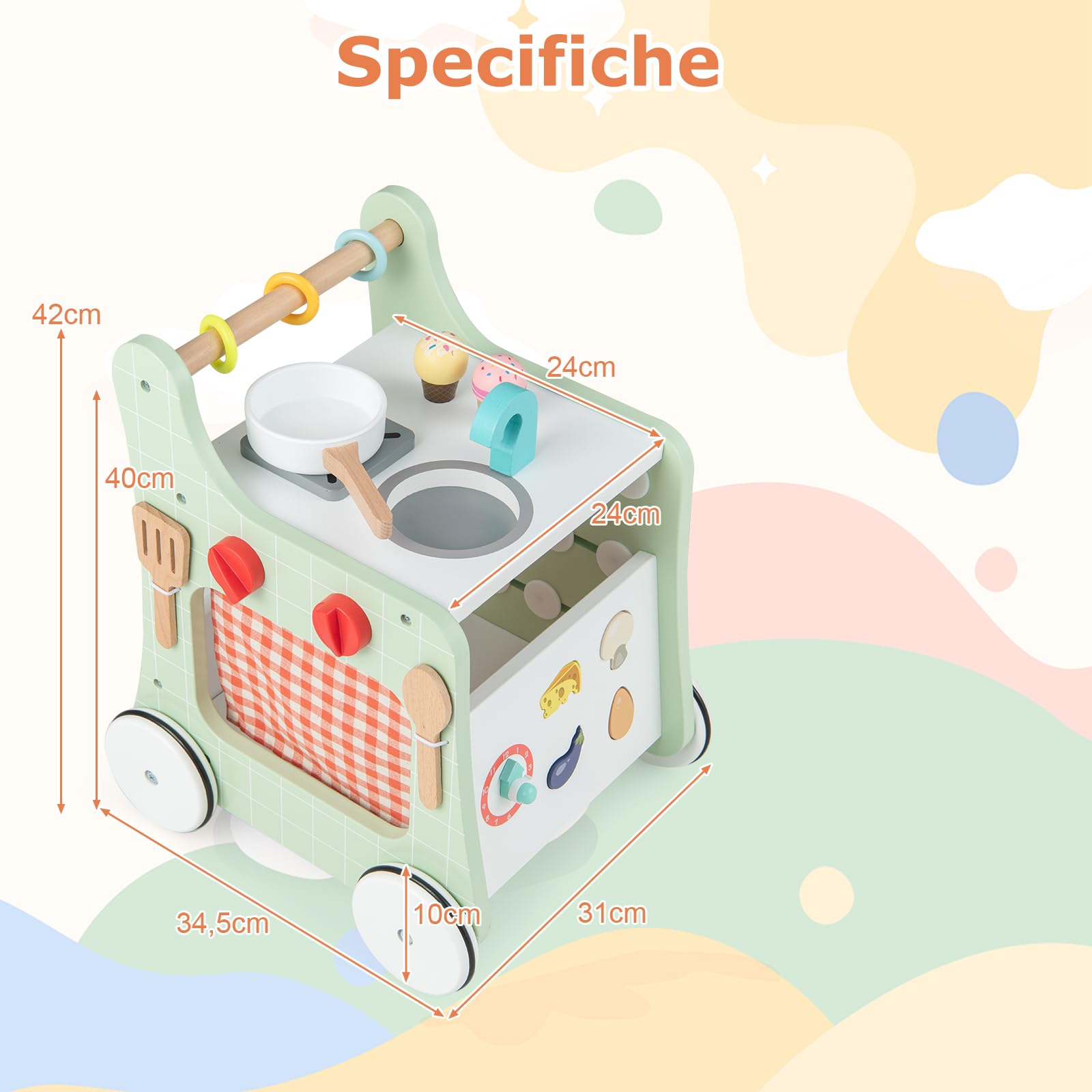 RELAX4LIFE Carrello Primi Passi in Legno 6 in 1, Centro Montessori Cucina con Pannello Attività, 9 Accessori, Vano Portaoggetti, Anti O, per Bambini 1-3 Anni,Legno Naturale + Verde Menta