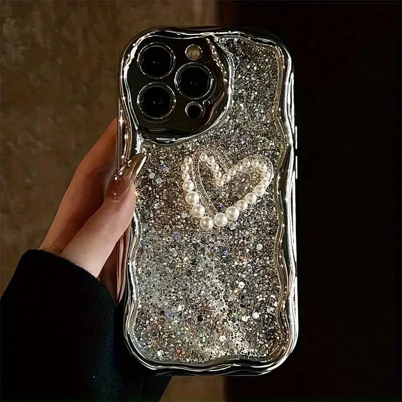 for iPhone 16 Pro Max Case with Beaded Marble Wrist Strap Super Sparkly Phone Case with Silvery Foil Glitter Rhinestone Pearl Cute Love Heart Girly Women Case for iPhone 16 Pro Max (Silver) - Image 8