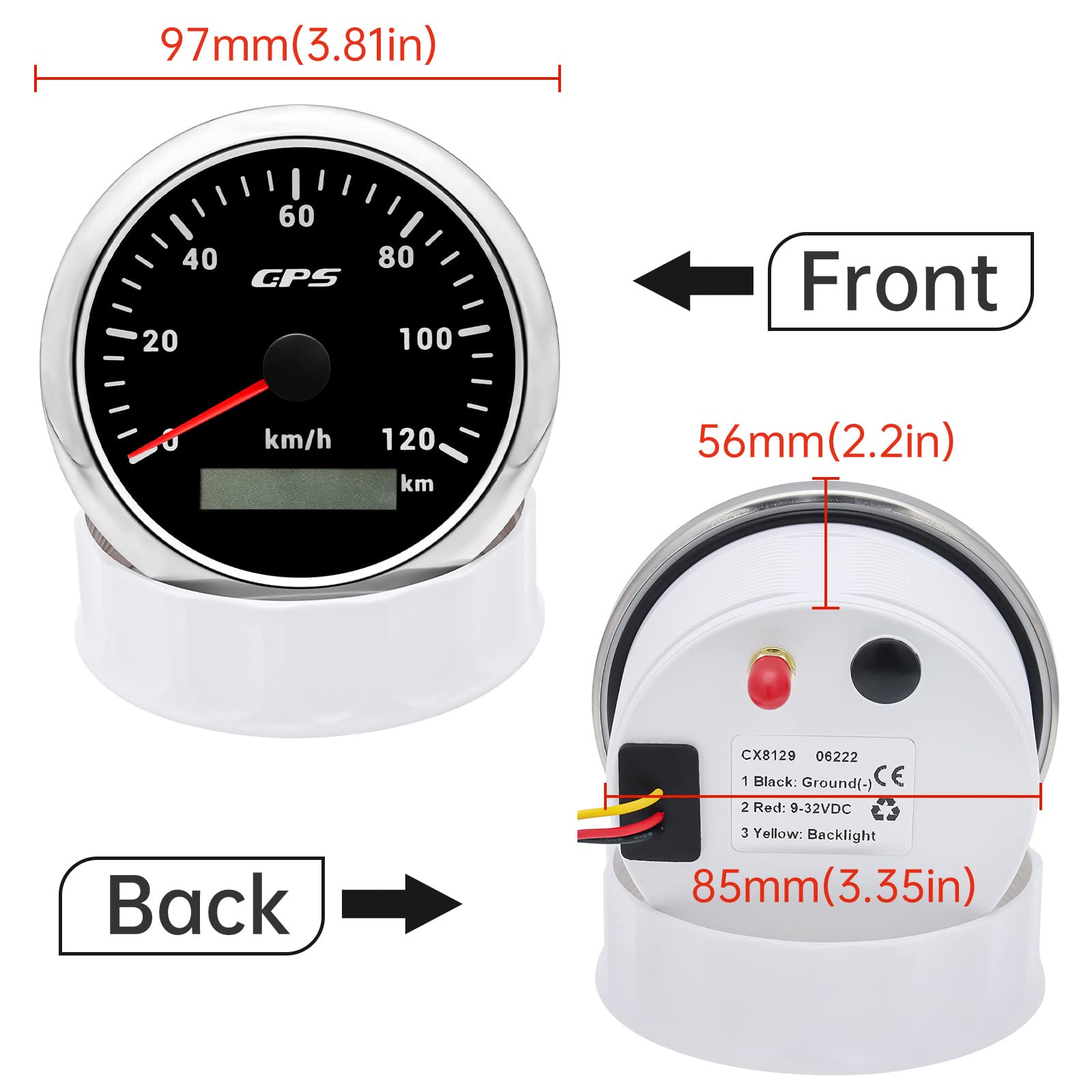 Tachimetro GPS da 85 mm, contachilometri 0-120 km/H, impermeabile, IP67, 7 colori, per auto, barca, yacht, 12 V/24 V