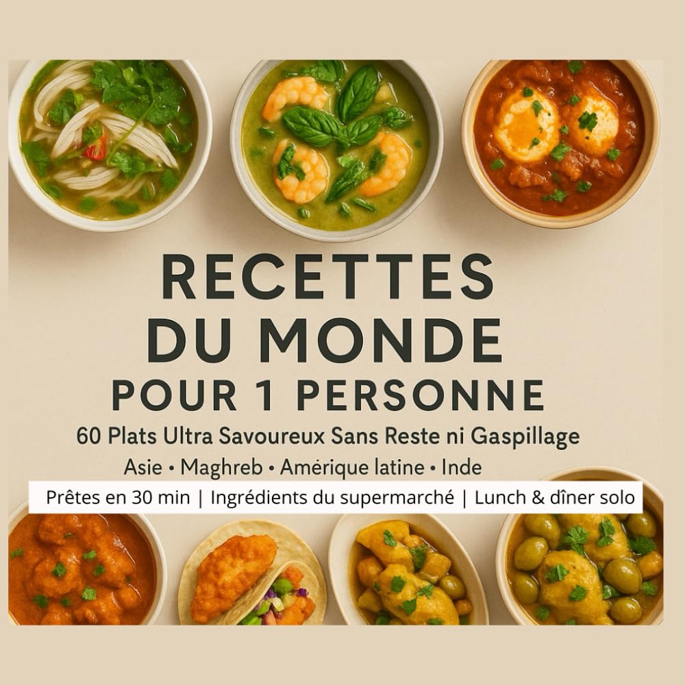 RECETTES DU MONDE POUR 1 PERSONNE 60 Plats Ultra Savoureux sans Reste ni Gaspillage Asie • Maghreb • Amérique latine • Inde: Prêtes en 30 min | Ingrédients du supermarché | Lunch & dîner solo