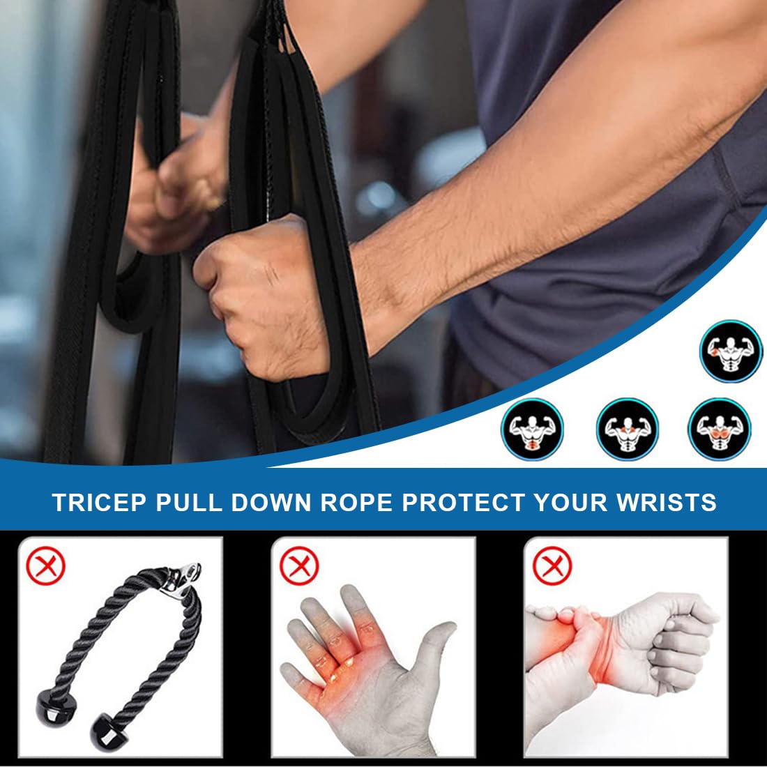 IKOPFLN Corda per Tricipiti con Cavo, Fissaggi per Pull Down con 2 Lunghezze (65cm e 50cm), Cinghie per Estensione Tricipiti, Attrezzatura Palestra per Allenamento a Casa