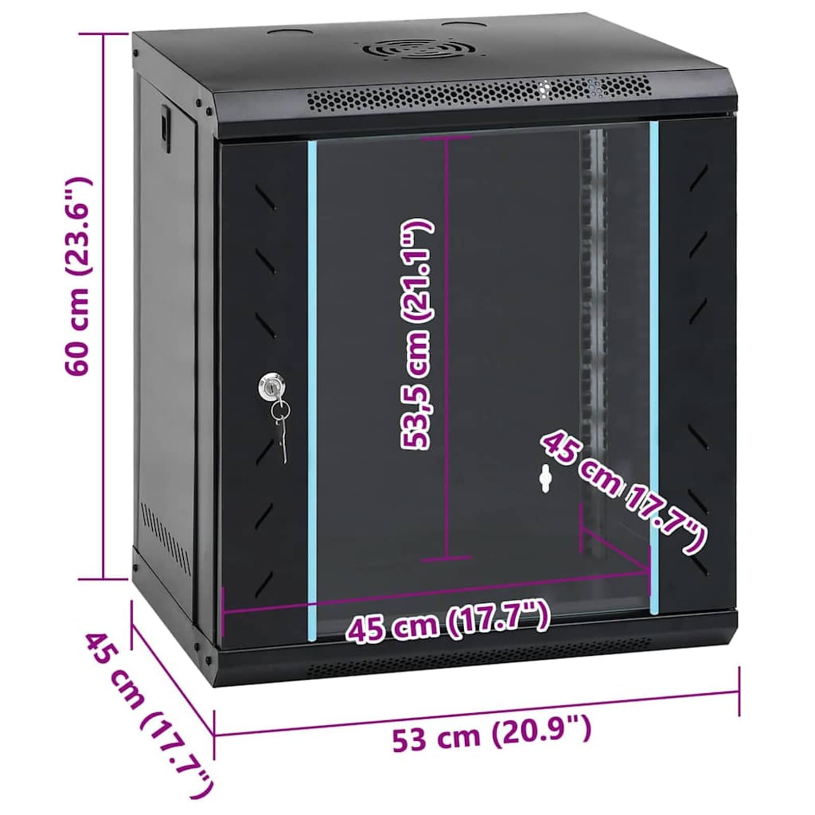 Armadio di rete in acciaio nero, 53 x 45 x 60 cm, con ante chiudibili, per componenti di rete in ufficio e appartamento