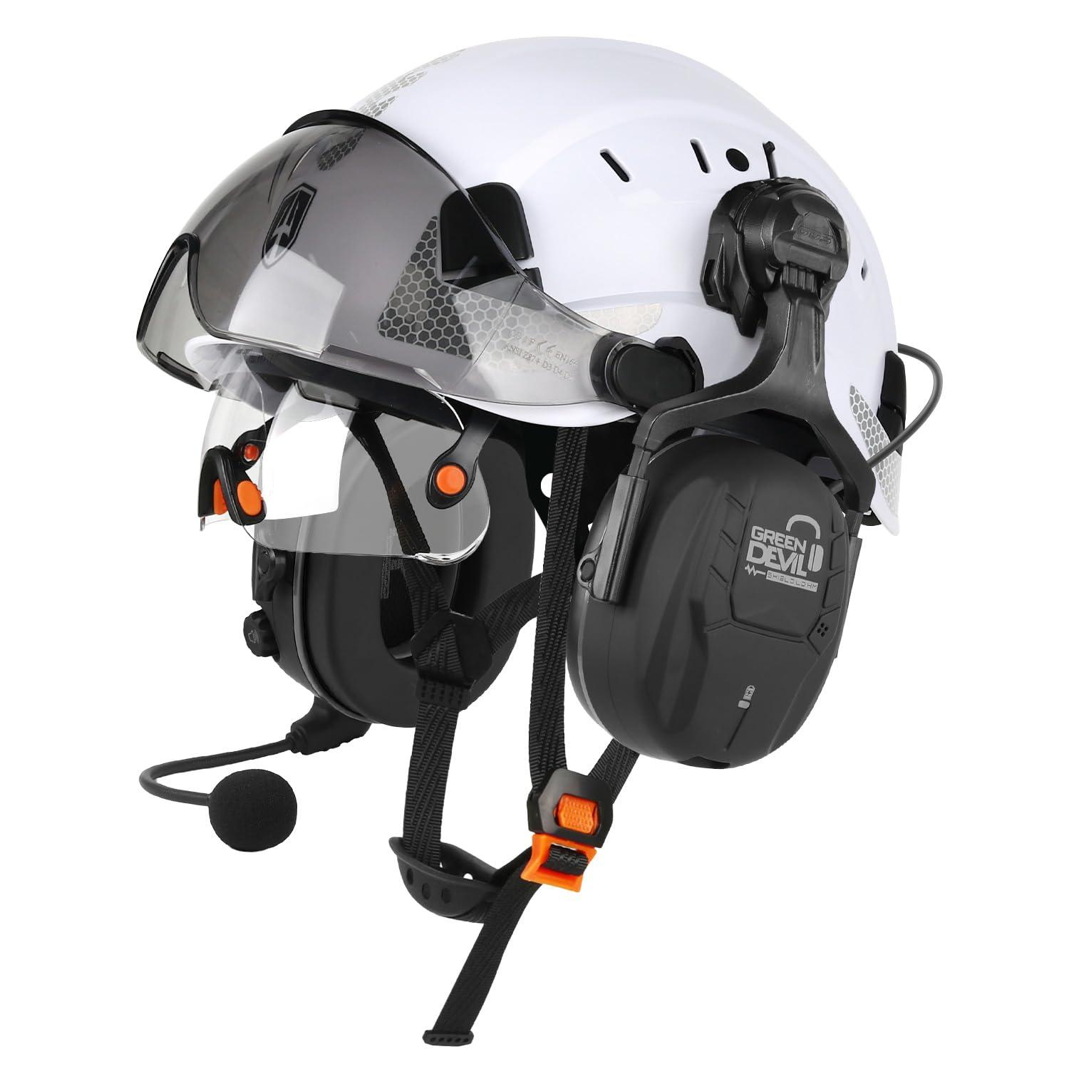 GREEN DEVIL Mervex Vent Set - EN397 & EN166 zertifizierter Industrieschutzhelm mit Doppelvisier (außen getönt/innen klar) + Shield LD Aktives Bluetooth Gehörschutz SNR 32dB