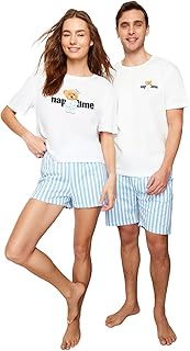 طقم بيجامة للرجال مخطط بقصة عادية مع شورت محبوك مزدوج من القطن بنسبة 100% من ترنديول، لون أزرق اكرو، طراز TMNSS24PT00017