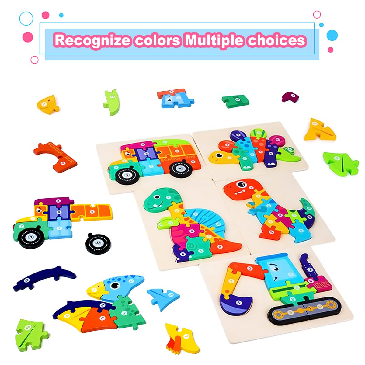 Puzzles en bois Montessori pour enfants 2-4 ans, 4 pièces, cadeau garçons filles dinosaure bateau