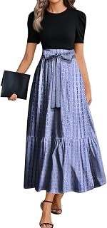 Summer Dresses for Women Elegant High Waist Maxi Dress Flowy Casual Long Dress A-Line Floral Printrd Dress with Belt