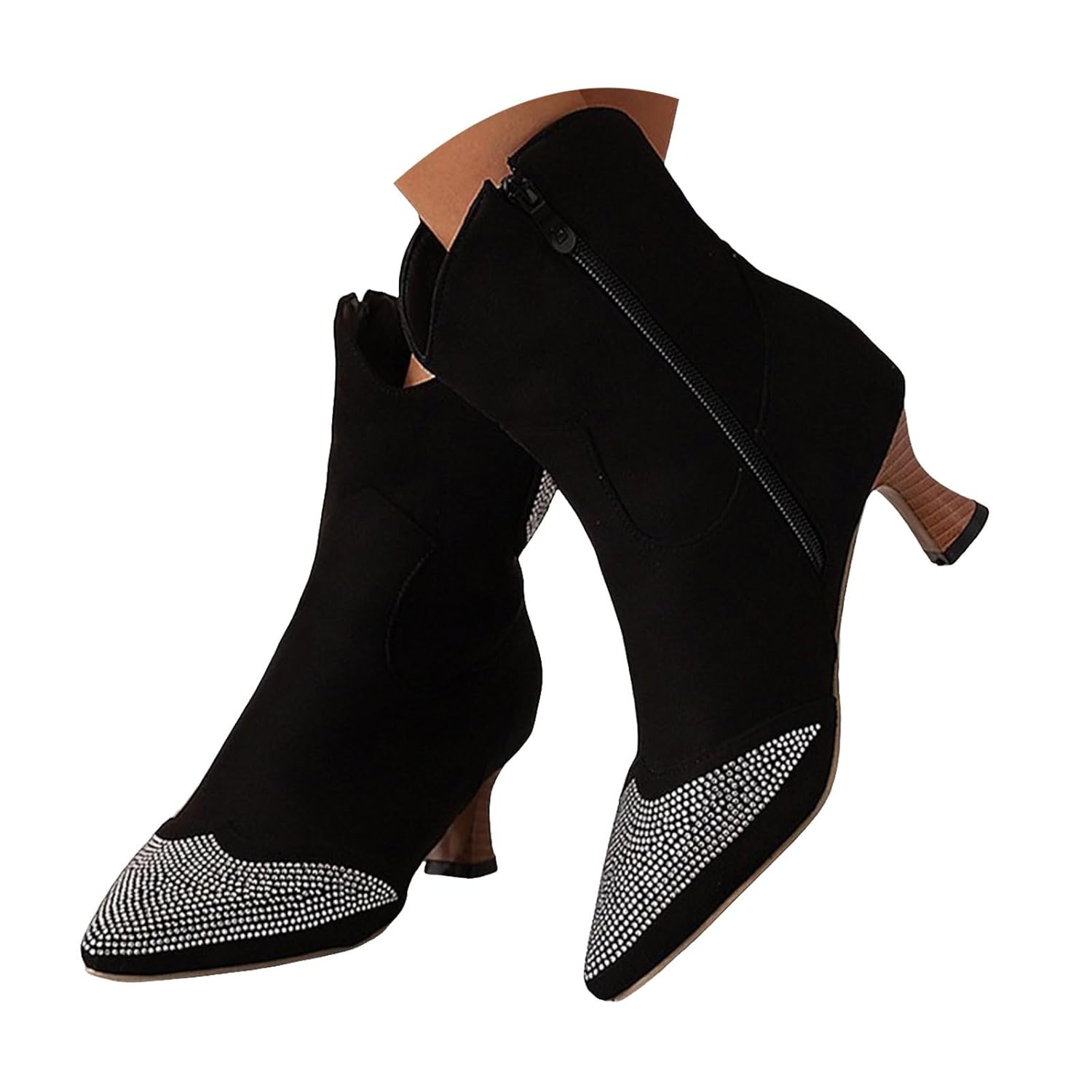 Women Rhinestone Cowboy Boots Glitter Kitten Heel Sparkly Cowgirl Ankle Boots Womens Retro Suede Pointed Toe Mid Heel