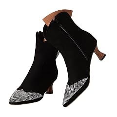 Women Rhinestone Cowboy Boots Glitter Kitten Heel Sparkly Cowgirl Ankle Boots Womens Retro Suede Pointed Toe Mid Heel
